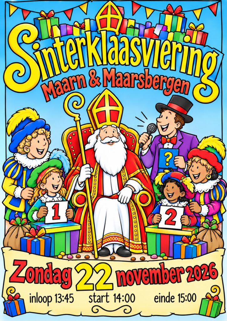 Poster van de Sinterklaasviering op 22 november 2026 in De Twee Marken, van 14:00 tot 15:00